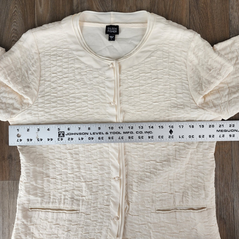 Eileen Fisher Large Cream Silk Puckered Textured Button Front Jacket Off White - Picture 4 of 6